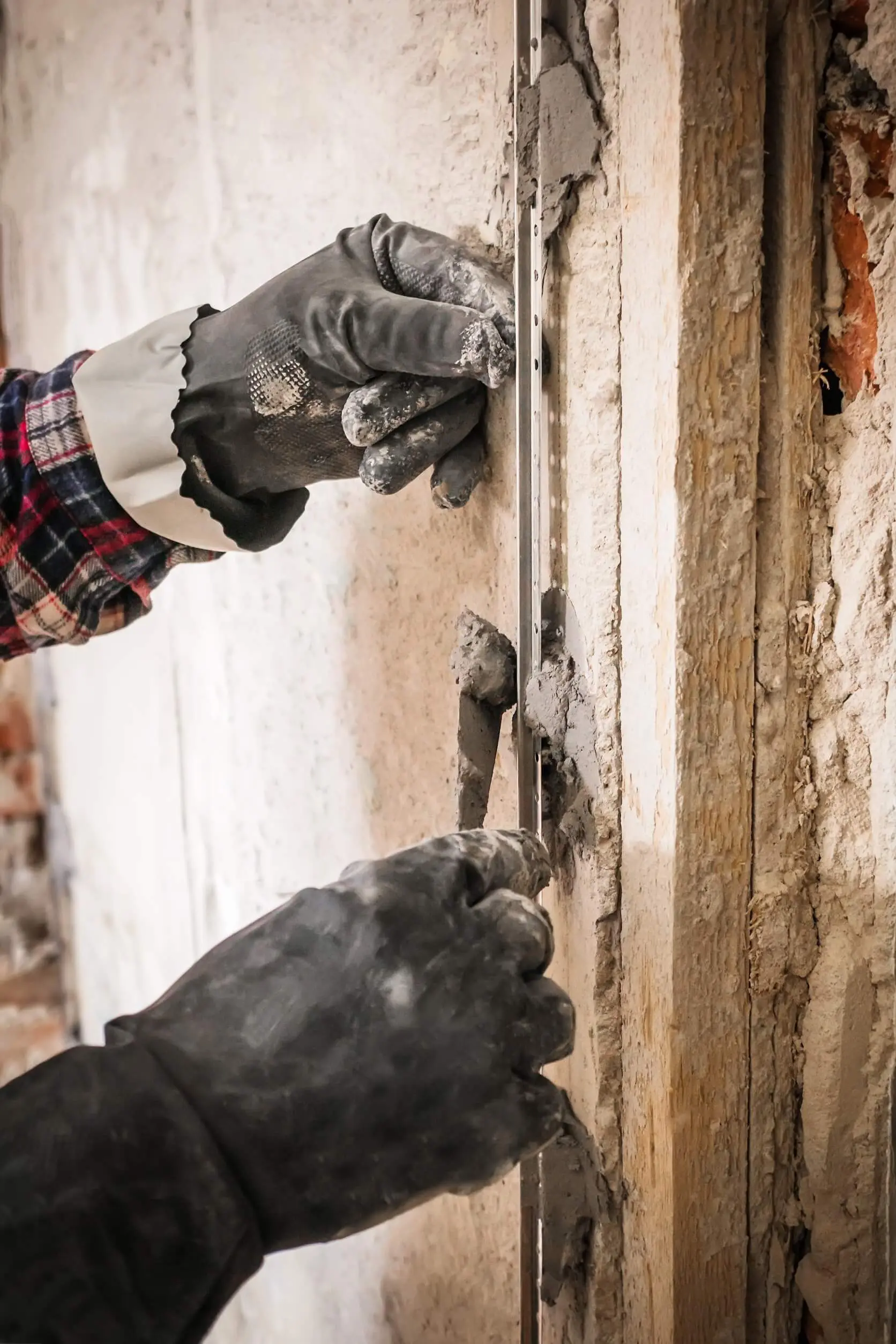 Plasterer smoothing stucco wall surface