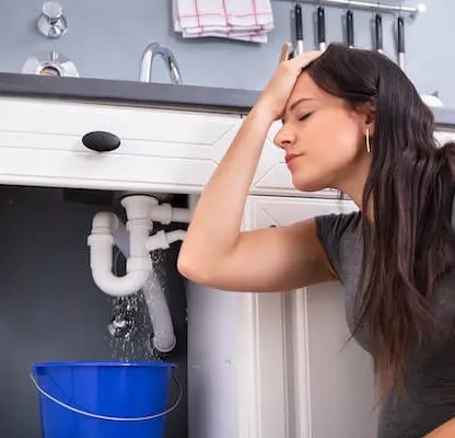 Frustrated woman plumbing leak repair