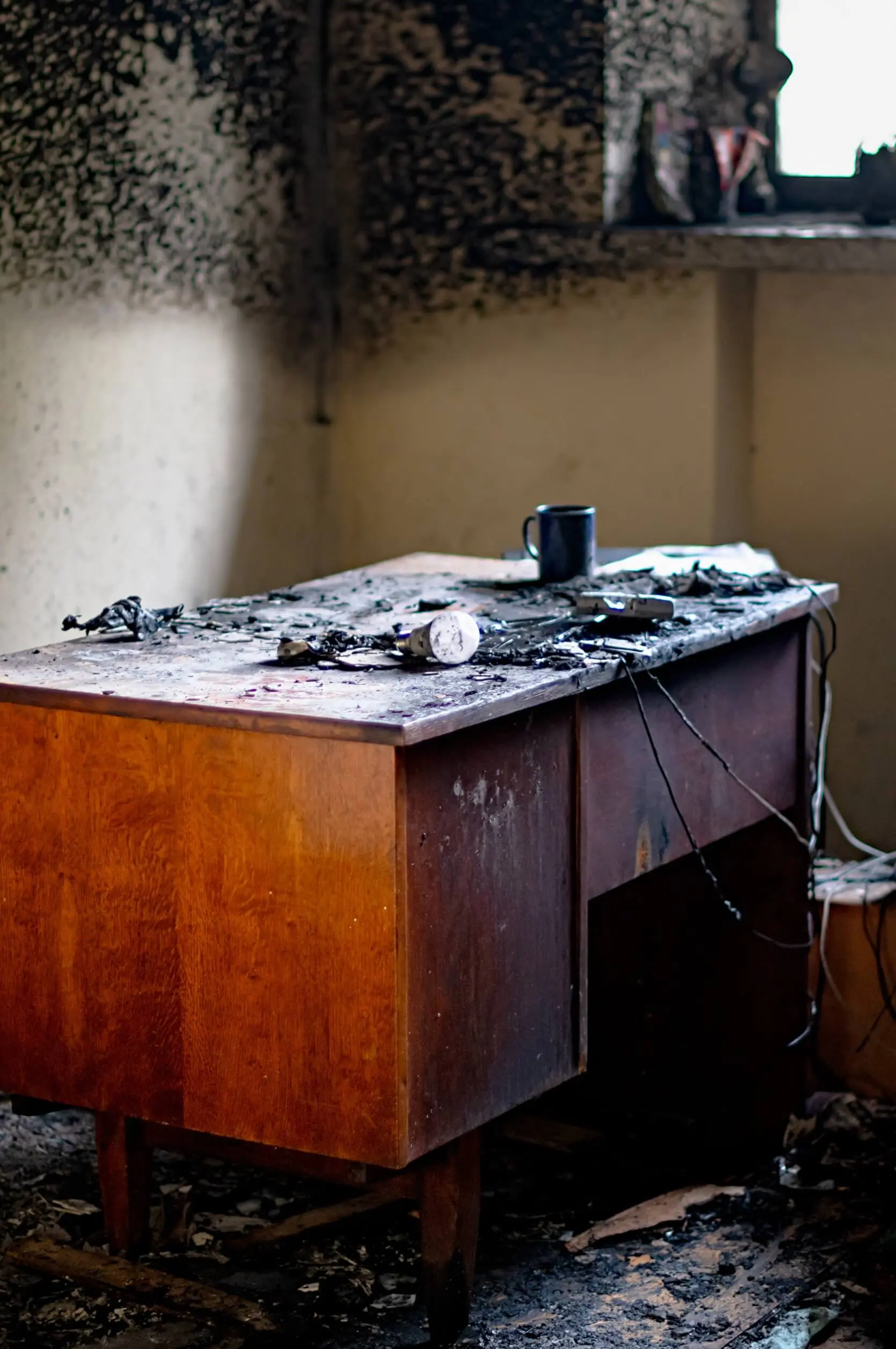 Fire-damaged office desk restoration