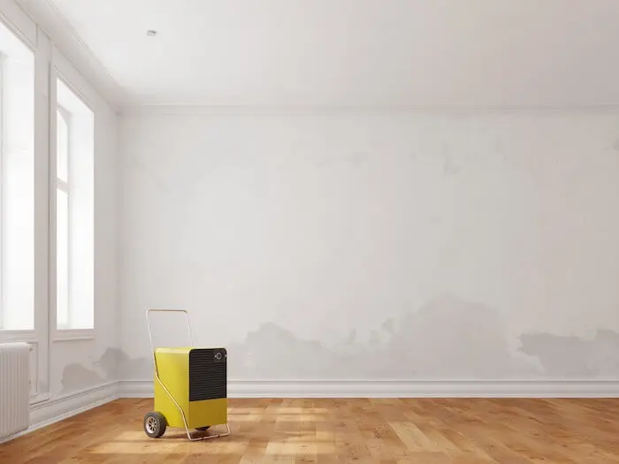 Dehumidifier in water-damaged room