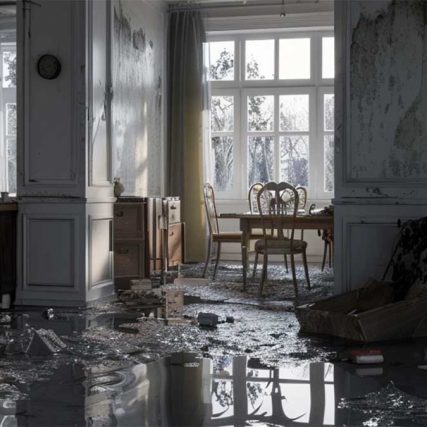 A flooded, abandoned kitchen and dining room with broken glass and debris scattered on the floor