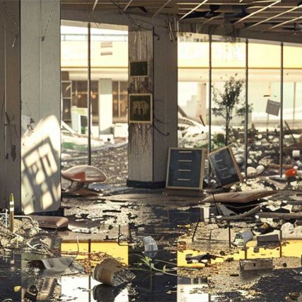 An image showing a shopping mall, with shattered glass, scattered debris, and overturned furniture visible amidst pools of standing water