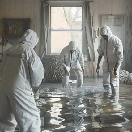 Four people in protective suits work to clean up a flooded and damaged living room