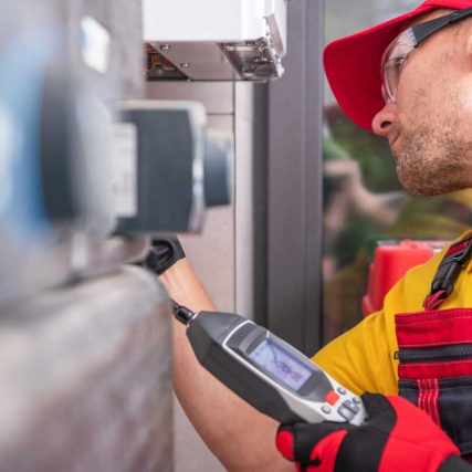 Technician in red uniform using a handheld device to inspect equipment