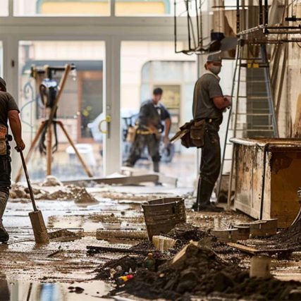 Three construction workers clean and clear debris in a muddy, waterlogged corridor of a building