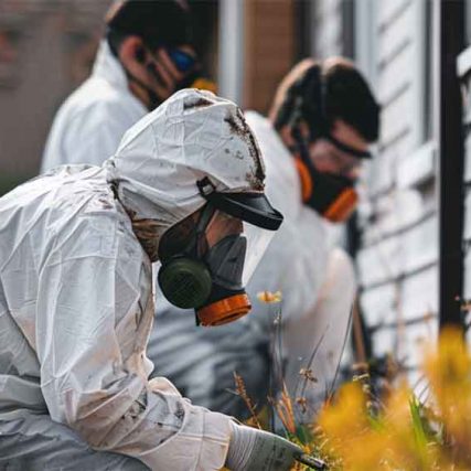 Three mold removal experts doing their work outside of a residential home