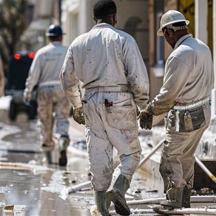 Workers in muddy uniforms walk through a wet, debris-laden, and water-damaged residential site