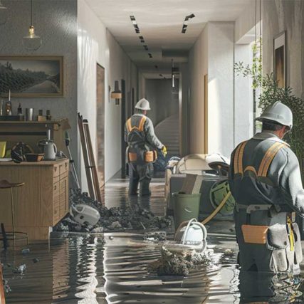 Workers in safety gear cleaning a flooded corridor with industrial equipment