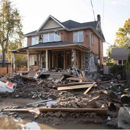 debris surrounds a home in need of flood damage restoration services in san marcos