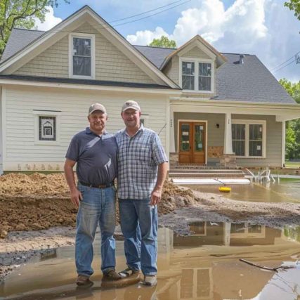 two flood damage repair experts standing in front of a fully restored home in san marcos